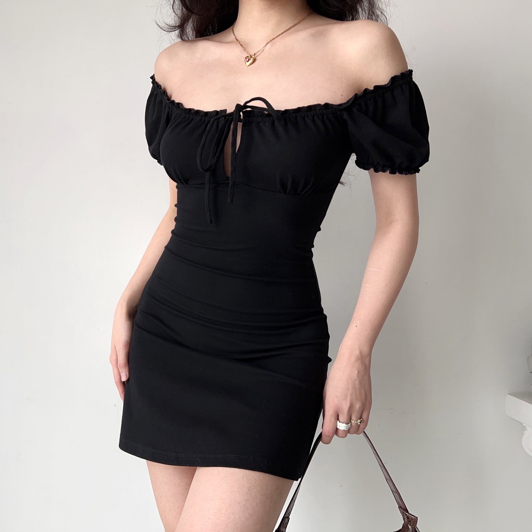 Vintage-Inspired Hollow Lace-Up Puff Sleeve Black A-Line Dress for Women - Short Skirt, Perfect for Y2K and 90s Styles