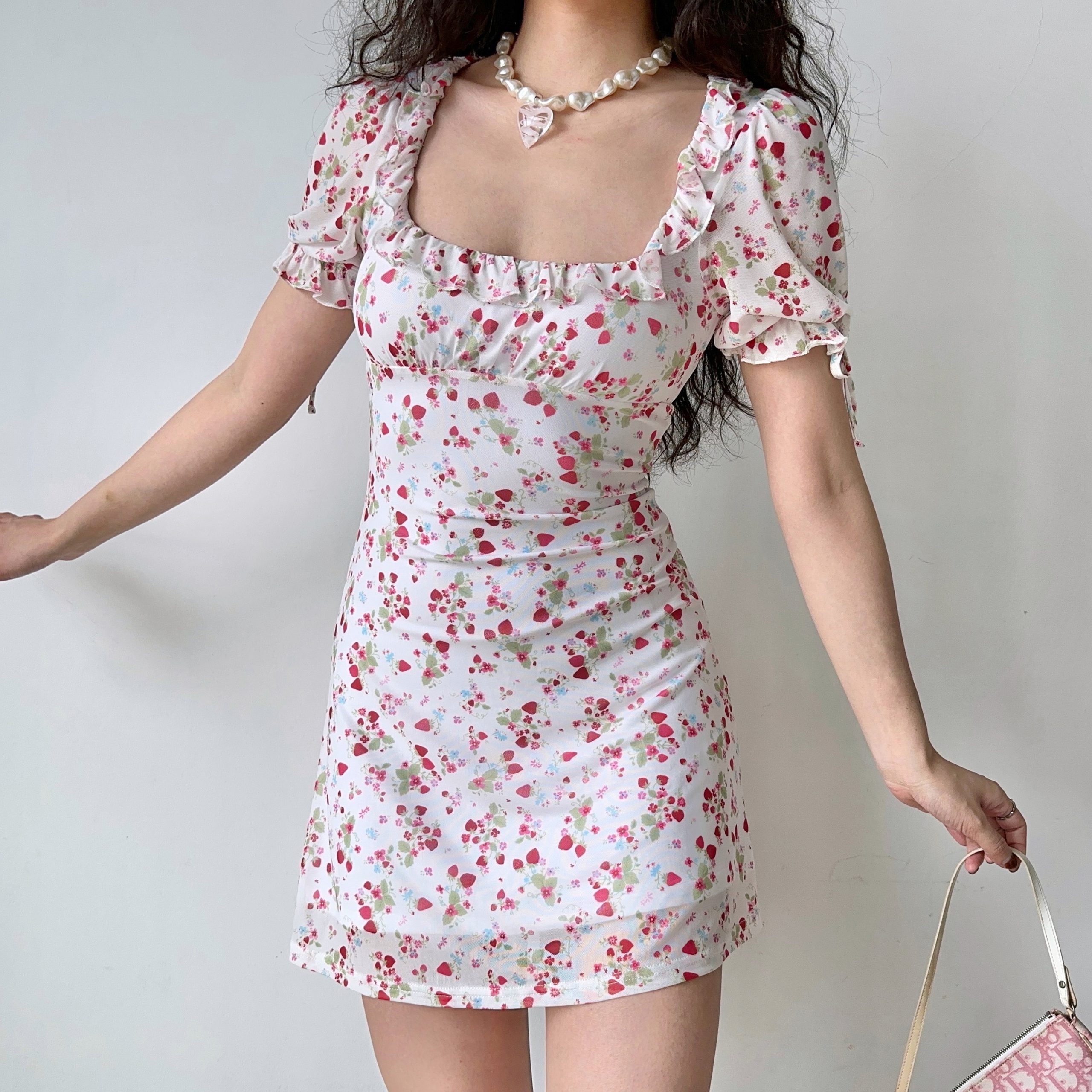 Vintage Strawberry Floral Square Neck Short Sleeve Dress for Women - Handmade with Puff Sleeves and Slim Fit - 90s Inspired Fashion