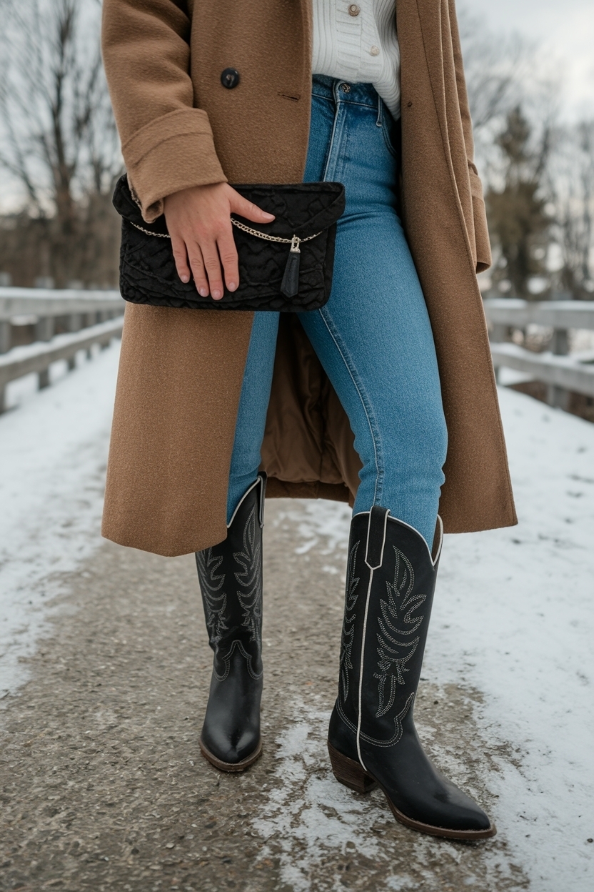 Statement Pieces: Black Cowboy Boots Outfit Winter Inspiration outfit idea