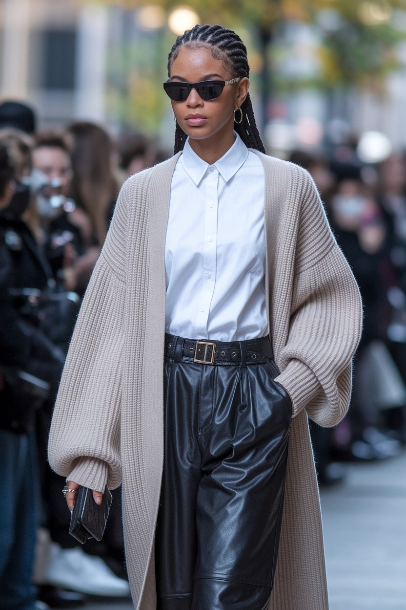 Cardigan and Leather Pants Outfit Black for a Fashion Twist outfit idea