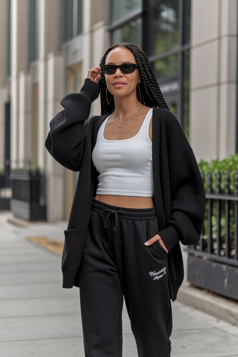Cardigan Outfit Black Women: Chic Looks with Sweatpants outfit idea
