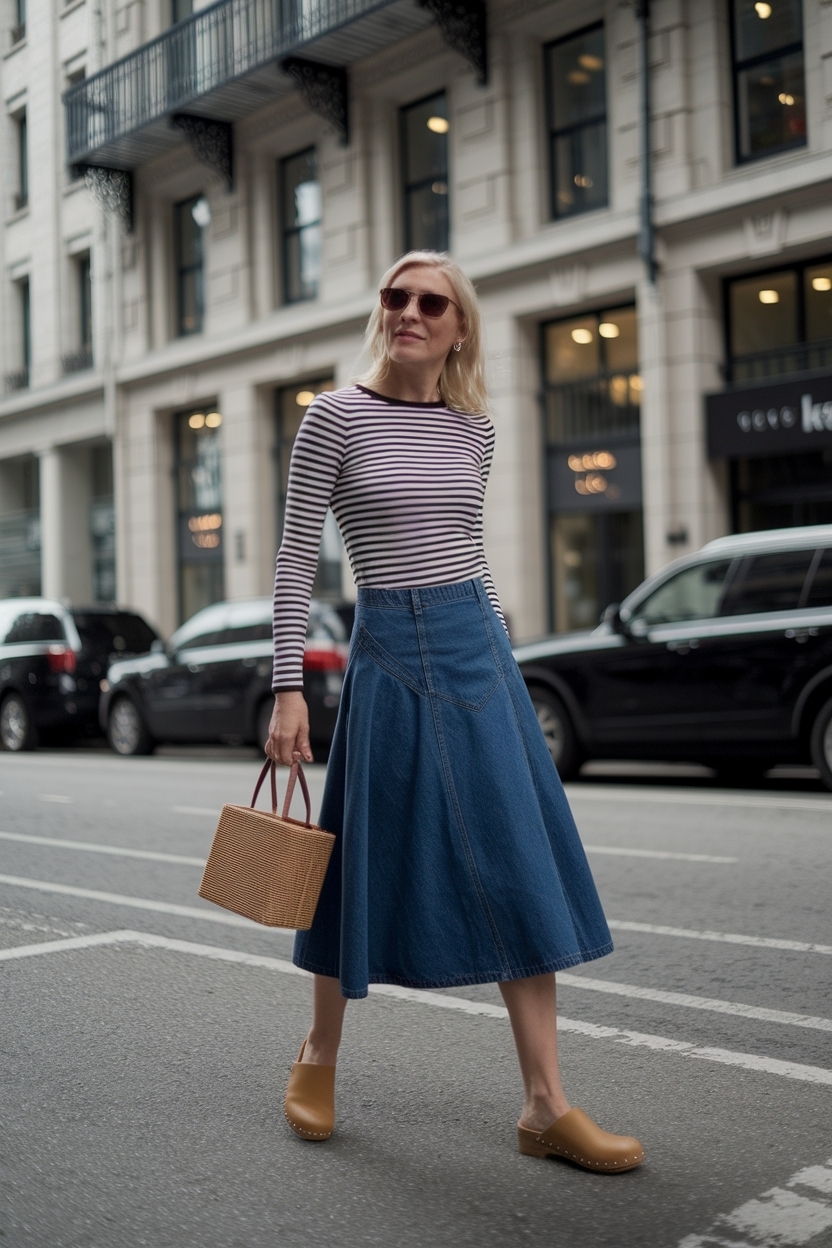 Clogs Outfit for Women Denim Skirt Style Guide outfit idea