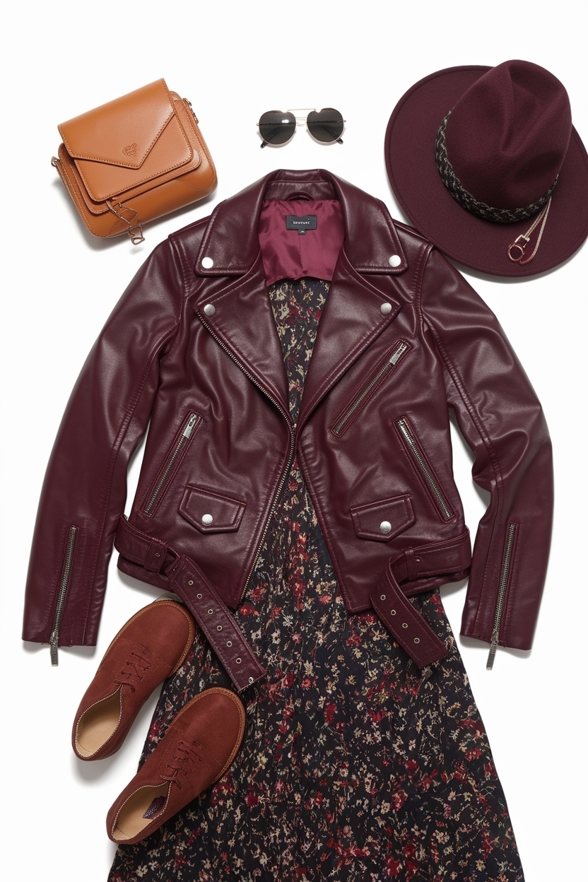 Edgy Dark Red Leather Jacket Outfit Ideas outfit idea