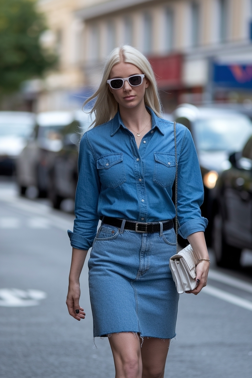Denim Shirt and Denim Skirt Outfit Women for Effortless Style outfit idea