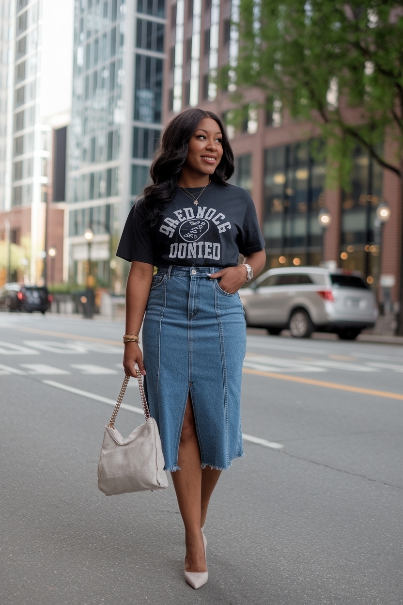 Denim Skirt Graphic Tee Outfit Black Women Style Tips outfit idea