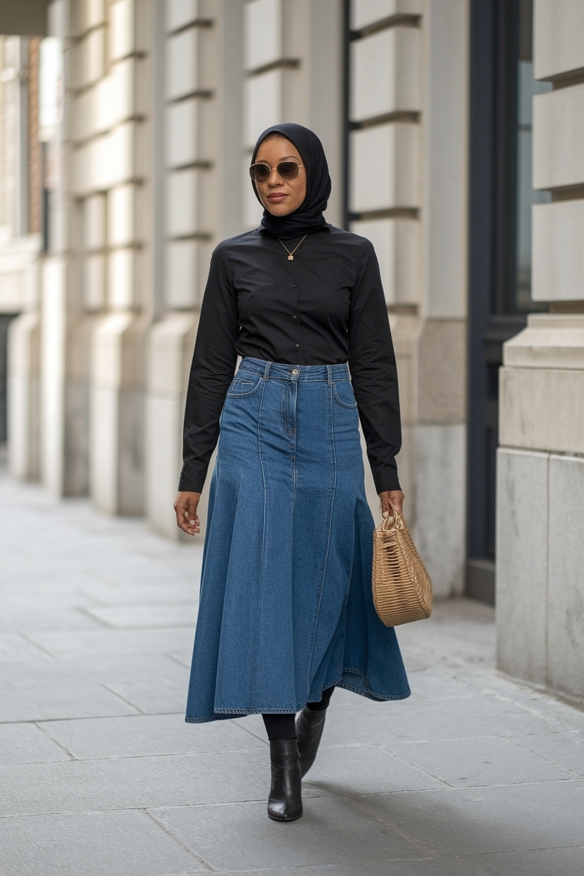 Denim Skirt Outfit Black Women Hijab: Modest Winter Fashion outfit idea