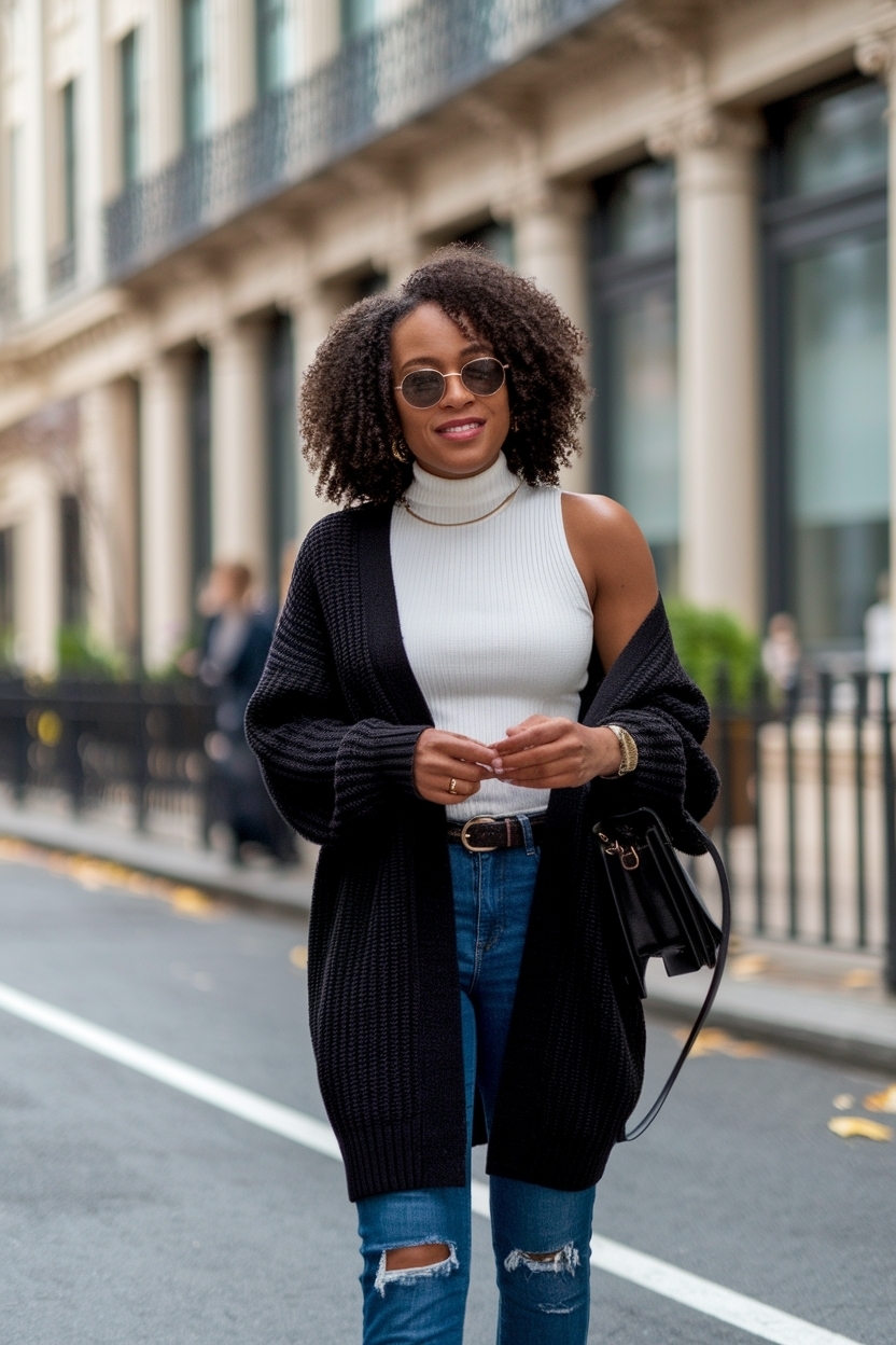 Drop Shoulder Cardigan Outfit Black Women: Trendy Styles outfit idea