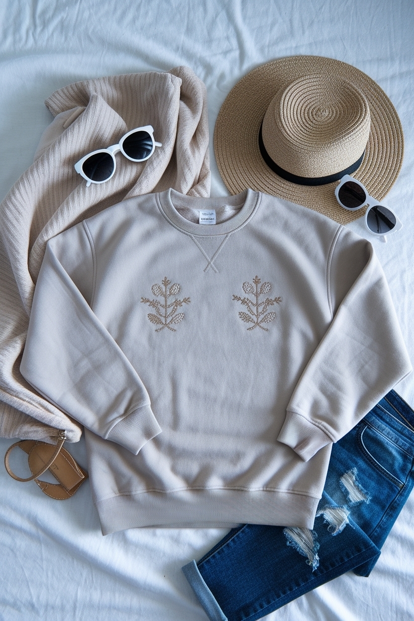 Flat Lay of Neutral Embroidered Sweatshirt Inspiration outfit idea