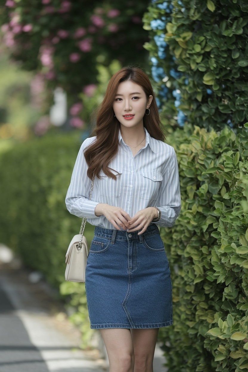 Fashionable Korean Denim Skirt Outfit Ideas Women Love outfit idea