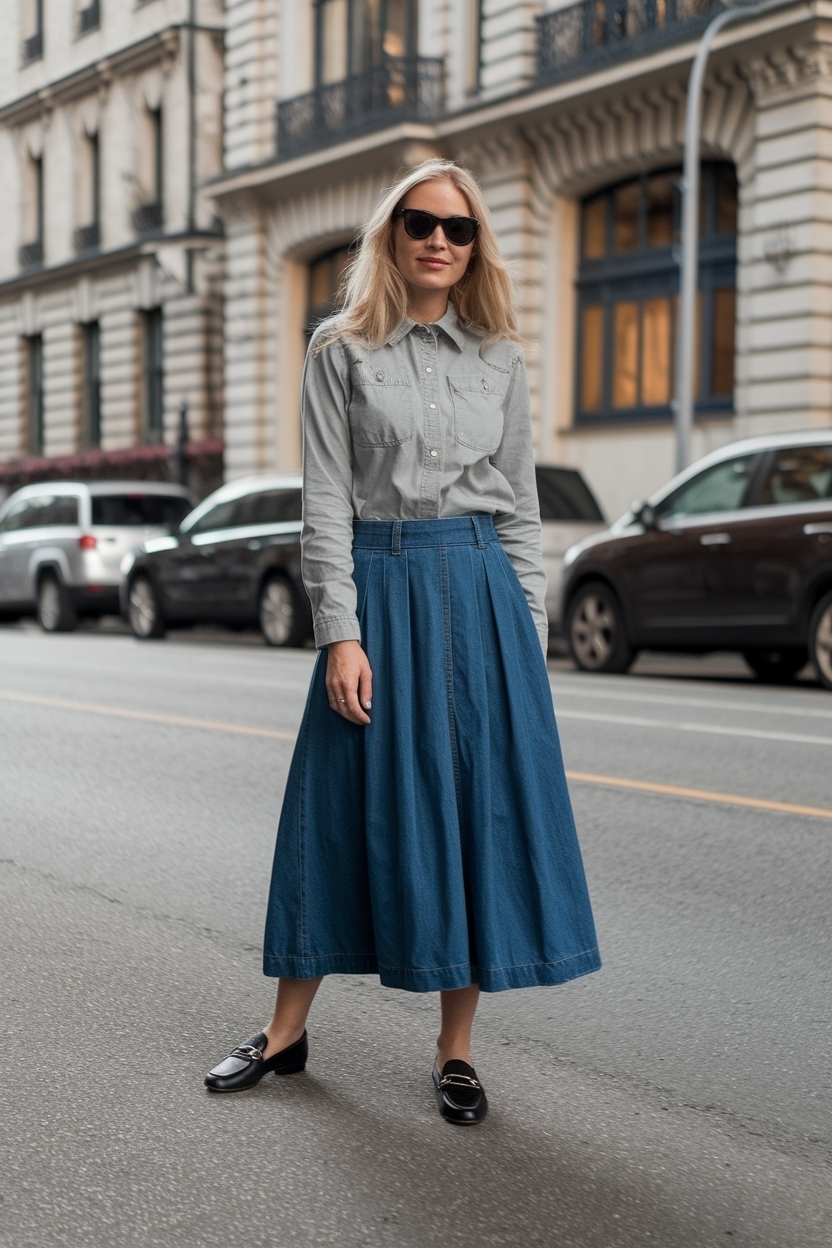 Loafers for Women Outfit Long Denim Skirt: Chic Looks outfit idea