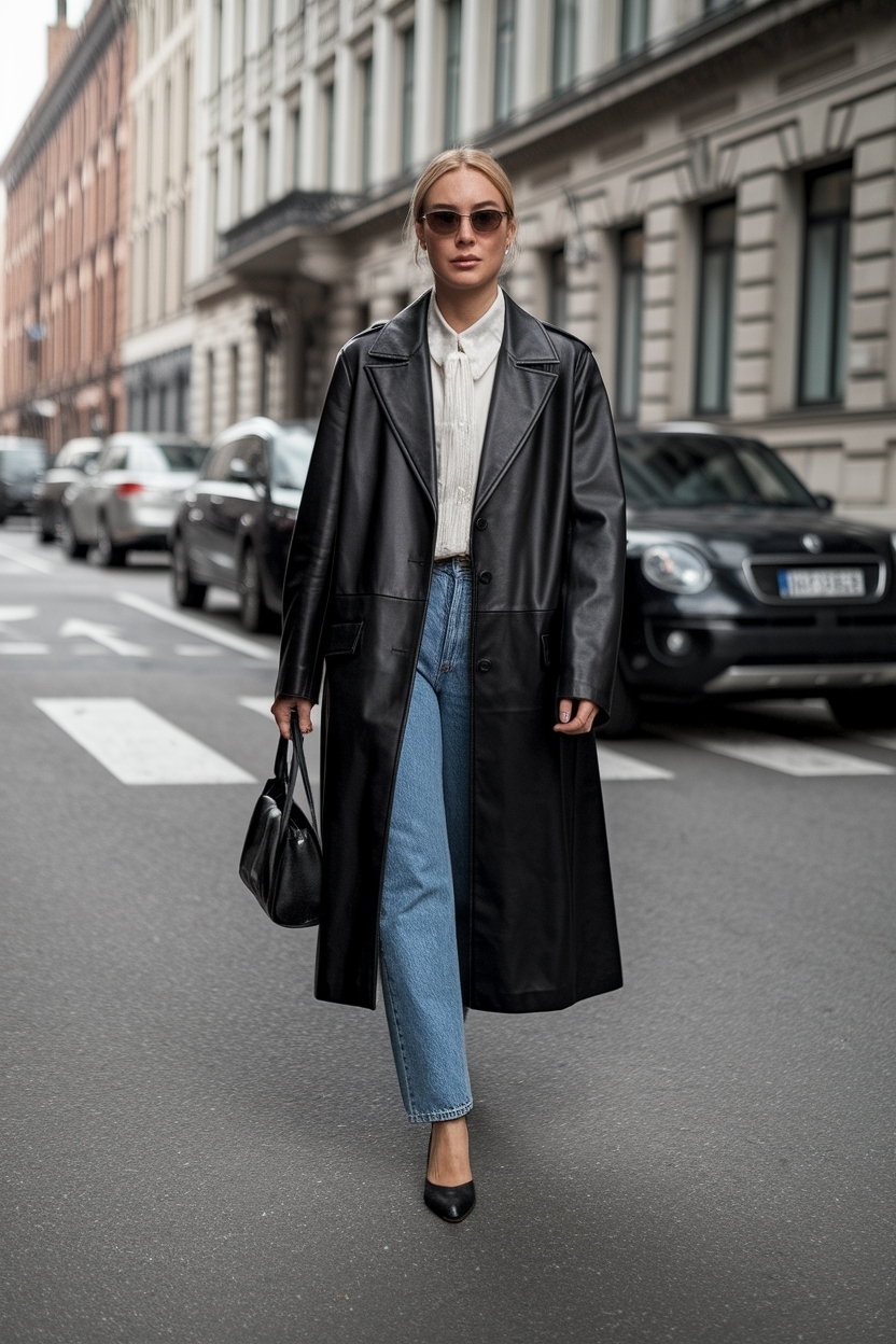 Long Black Leather Jacket Outfit for a Dramatic Flair outfit idea