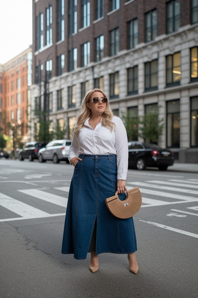 Long Denim Skirt Outfit Plus Size Women: Elegant Ensembles outfit idea