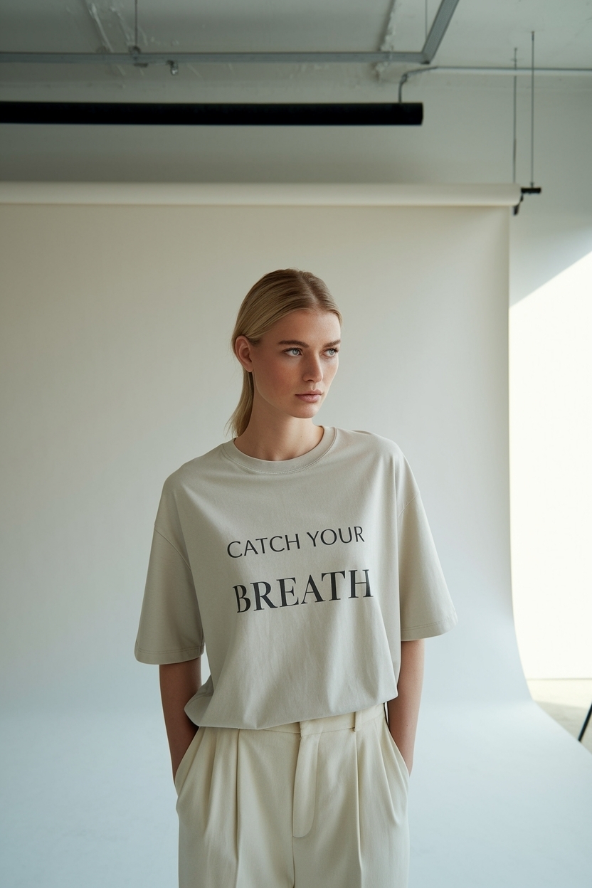 Model in Neutral Catch Your Breath T-Shirt Looks outfit idea