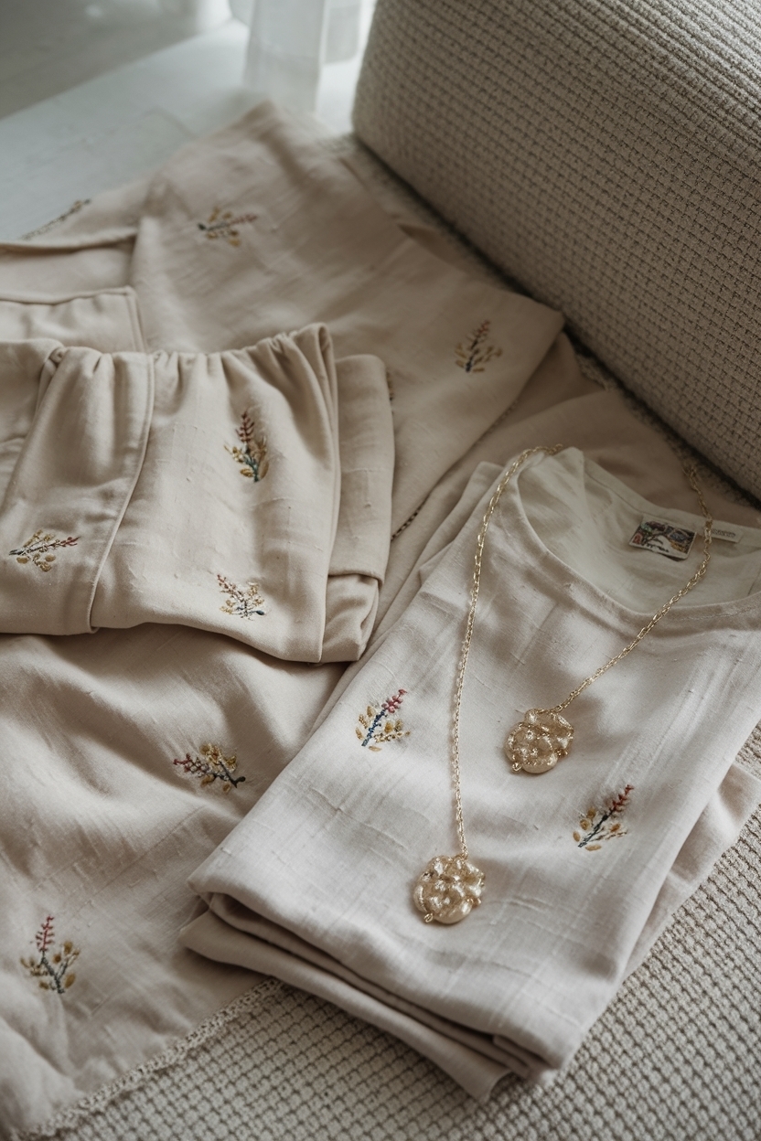 Neutral Loungewear Set with Small Embroi: Subtle Style Statements outfit idea