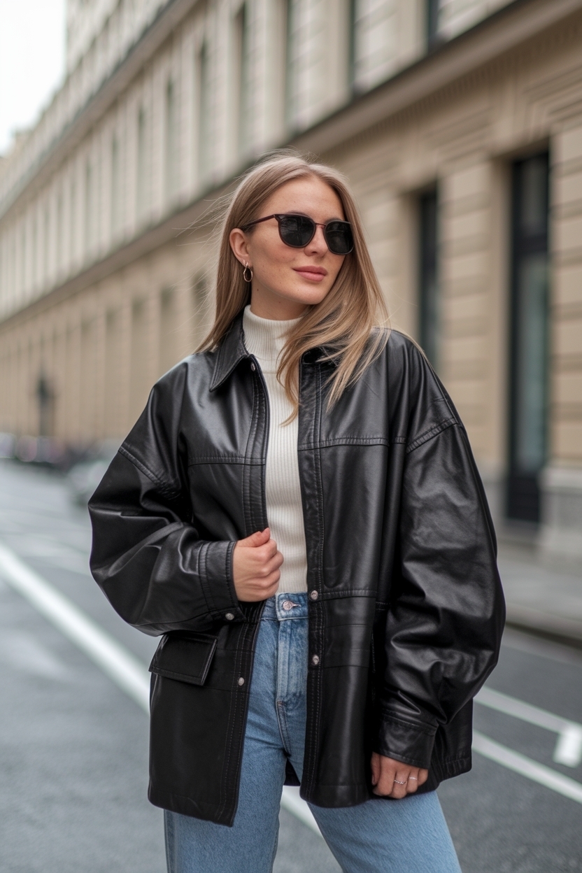 Over Sized Leather Jacket Outfit Women: Effortless Cool outfit idea