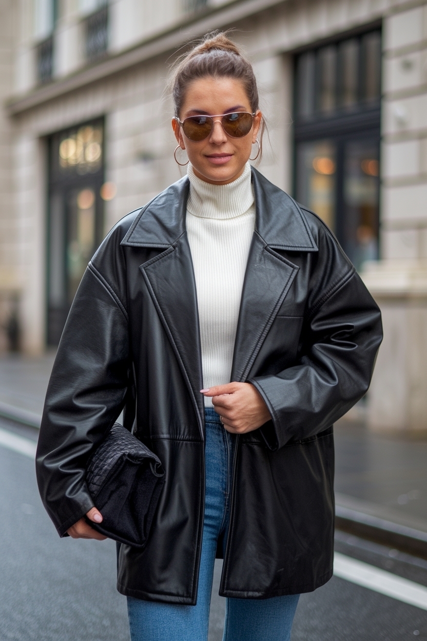 Oversize Leather Jacket Outfit Women: Trendy and Relaxed Vibes outfit idea