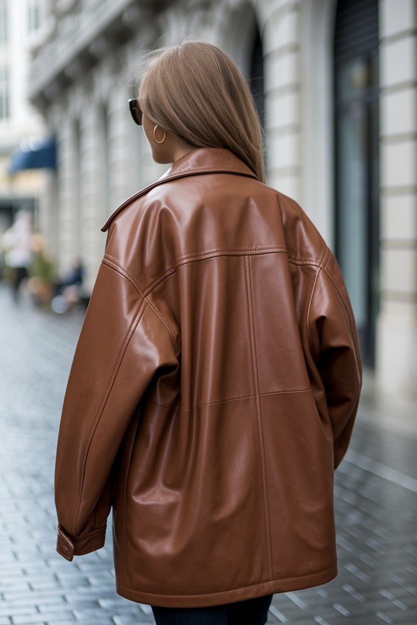 Oversized Brown Leather Jacket Outfit: Fashionable Layering Tips outfit idea