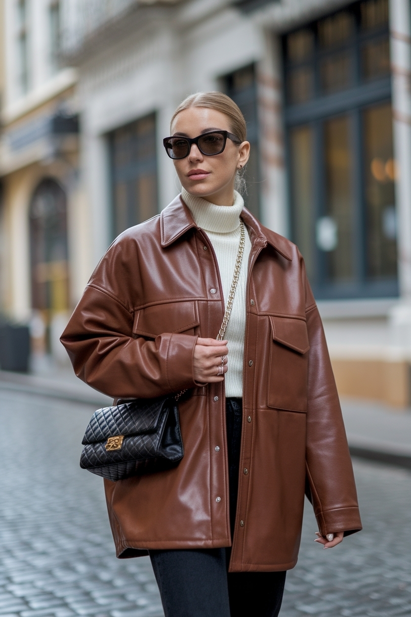 Oversized Brown Leather Jacket Outfit Wo: Street Style Inspirations outfit idea