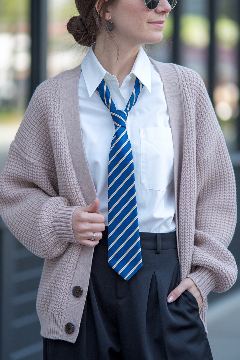 Versatile Tie and Cardigan Outfit for Women outfit idea