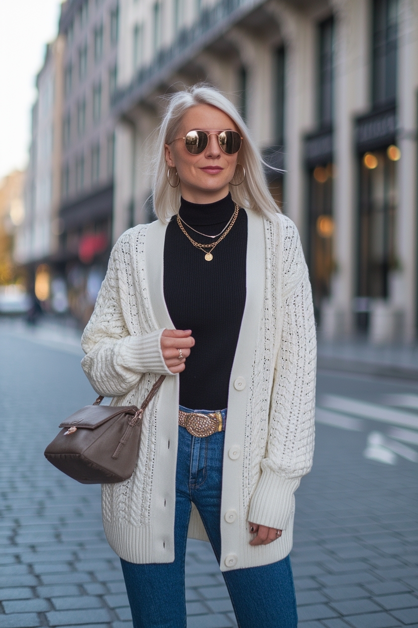 White Knit Cardigan Outfit Women: Classic and Versatile outfit idea