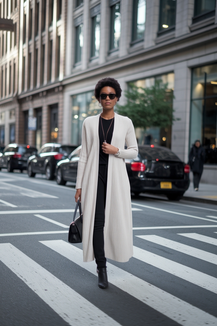 White Long Cardigan Outfit Black Women: Timeless Wardrobe Essential outfit idea