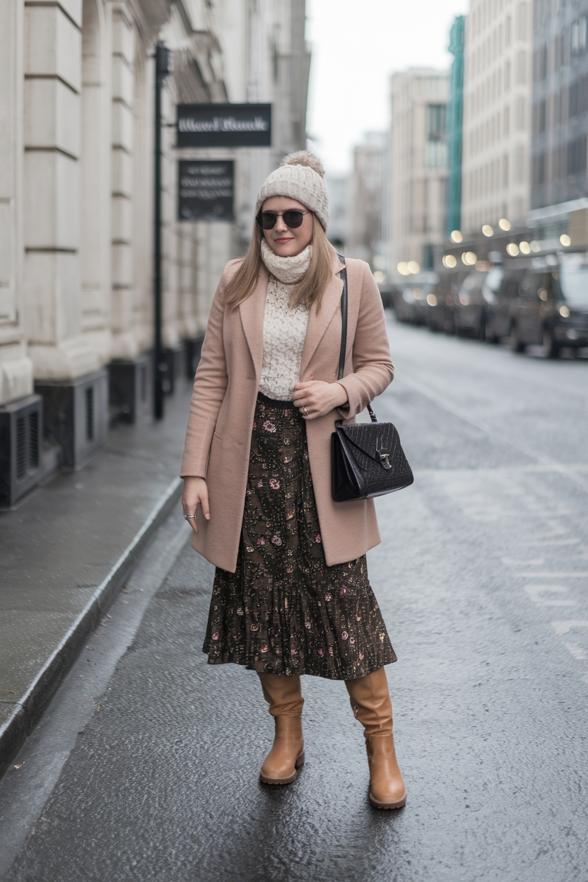 Winter Skirt Outfit with Boots: Feminine and Functional outfit idea